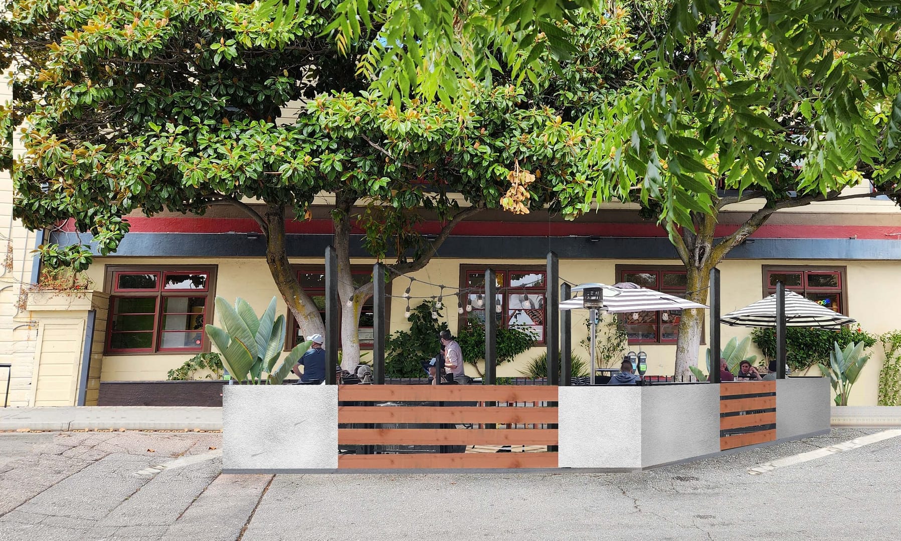 Perspective Render – DIAGONAL PARKLET PERSPECTIVE CROPPED rendering of design for restaurant patio seating outdoors in downtown Santa Cruz, CA by landscape architecture collective Braid.Work